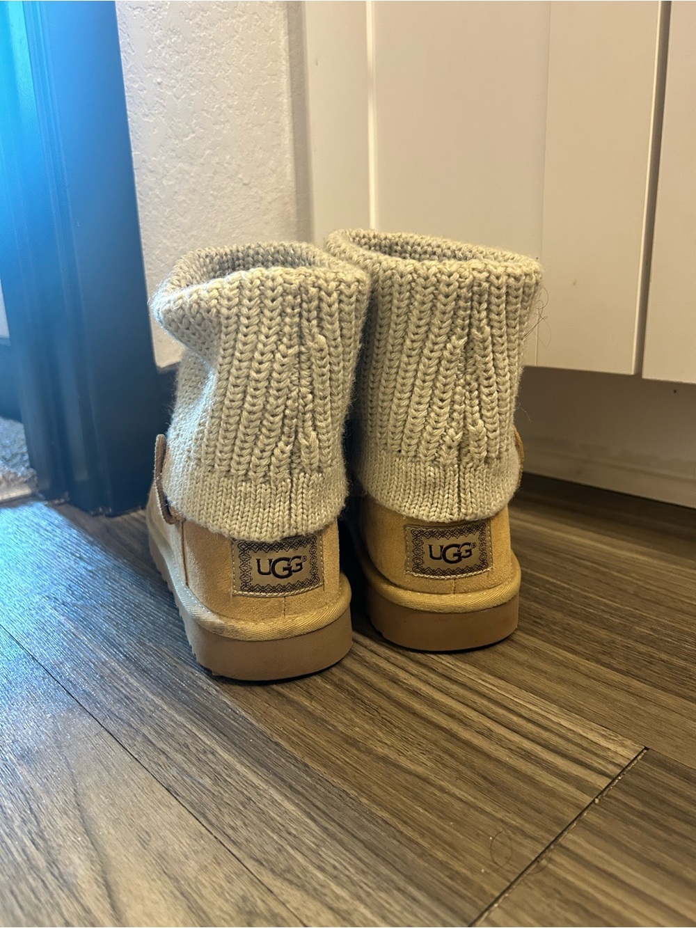 UGG Chestnut Suede Ankle Booties with Cream Knit Cuffs
